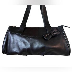 Van Eli Vintage Leather Black Bow Accent Baguette Shoulder Bag